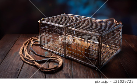 A cage with a rope hanging from it A cage with a rope hanging from it 121029725