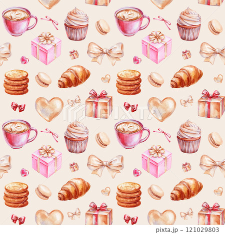 seamless pattern with sweets gifts, cupcakes, cookies, coffee, holiday treats. Watercolor illustration love celebrations 121029803