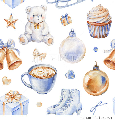 Seamless holiday pattern white bear, bells, bow, skates, coffee cup, cupcake. Christmas ornaments hand-drawn watercolor 121029804