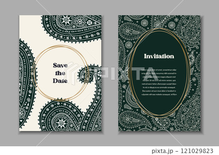 Two greeting cards templates set with black and white paisley motifs Two greeting cards templates set with black and white paisley motifs 121029823
