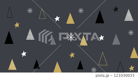 A digitally generated image of christmas decorations, including christmas trees and stars, on a grey 121030033