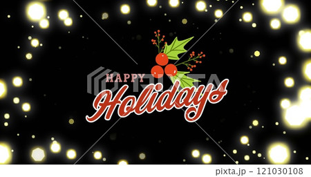 Image of lens flares around cherries, leaves, happy holiday text over black background Image of lens flares around cherries, leaves, happy holiday text over black background 121030108