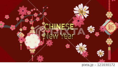 Image of happy chinese new year text over chinese pattern on red background Image of happy chinese new year text over chinese pattern on red background 121030172
