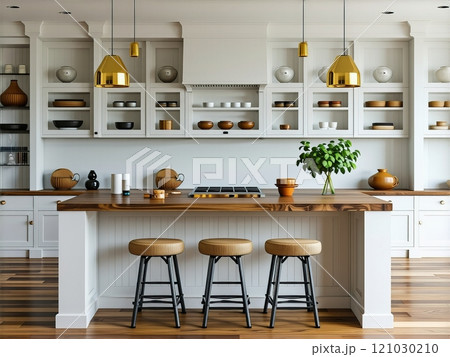 Modern kitchen interior with wooden accents and stylish decor in a spacious layout 121030210