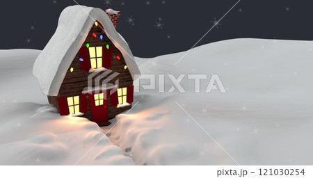 Image of snowflakes falling over a house on winter landscape against grey background 121030254