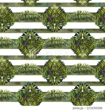 Green fir branches in a seamless pattern on a white background. Watercolor illustration with branches of evergreen tree for wrapping, textile, scrapbooking, winter Christmas and New Year decoration 121030300