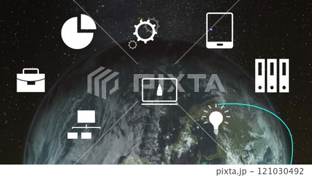 Image of icons and data processing over globe 121030492