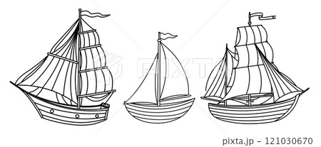 Sailboat vector illustration. Linear drawing of Ships in outline style. Engraved cute sailboat for childish design in nautical style. sea elements for baby shower greeting cards or kids invitations. 121030670