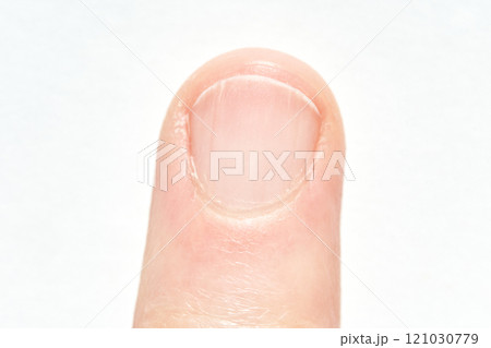 Close up view of a human fingernail on a caucasian adult finger 121030779