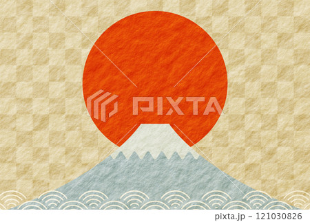 2025年　お正月　初日の出と富士山　年賀状 和紙の背景	 121030826