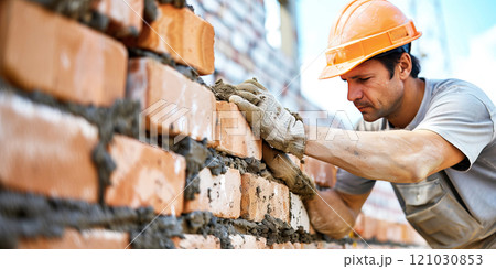 A builder mason lays brickwork of a wall during the construction of a building. A professional working profession of a craftsman. 121030853