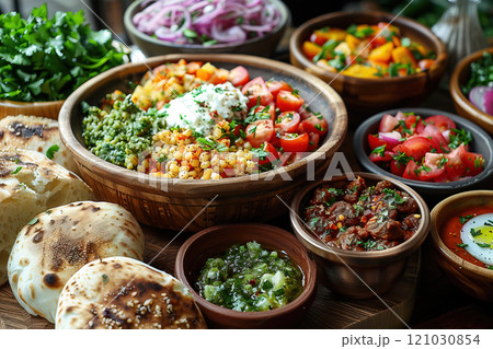 A vibrant display of Mediterranean food with fresh ingredients and colorful dishes at a dining table 121030854