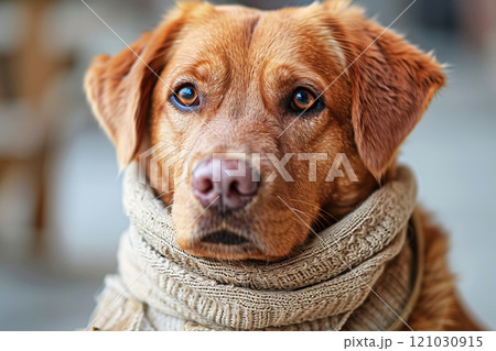 Dog with a bandage wrapped around its muzzle sitting on a soft blanket with a white background 121030915
