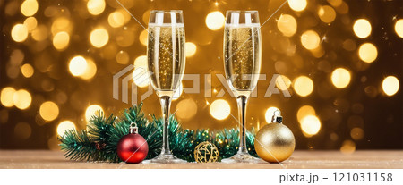 Glasses of champagne on a christmas background of blurred lights - Generative AI 121031158