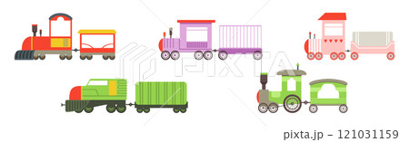 Cute Train Toy with Wagon and Chimney Vector Set 121031159