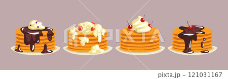 Pancakes with Delicious Toppings for Breakfast on Plate Vector Set Pancakes with Delicious Toppings for Breakfast on Plate Vector Set 121031167