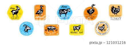 Farm Meat Label and Sticker with Fresh Cattle and Poultry Vector Set 121031216