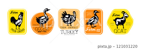 Farm Meat Label and Sticker with Fresh Cattle and Poultry Vector Set 121031220