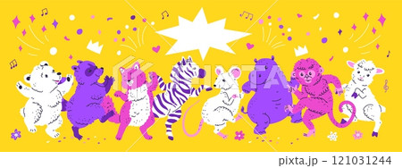 Cute happy animals dancing together, vector cartoon funny sheep and cat, zebra raccoon, hippopotamus and mouse have fun 121031244