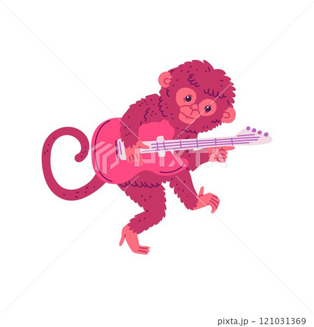 Cute monkey playing guitar and dancing, vector cartoon chimpanzee music performance, funny wild animal musician show Cute monkey playing guitar and dancing, vector cartoon chimpanzee music performance, funny wild animal musician show 121031369