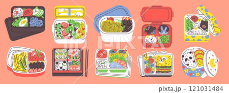 Opened childish bento box with food decorated with emoticons, cartoon lunchbox with various dishes, kids menu vector set Opened childish bento box with food decorated with emoticons, cartoon lunchbox with various dishes, kids menu vector set 121031484