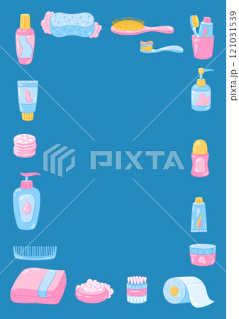 Background with hygiene objects. Washing, beauty, body care. Personal hygiene and self care items. 121031539