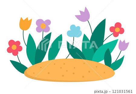 Vector spring or summer flower bed icon. Blooming plants illustration. Floral clip art. Cute flat floral bed or clearing isolated on white background. Vector spring or summer flower bed icon. Blooming plants illustration. Floral clip art. Cute flat floral bed or clearing isolated on white background. 121031561