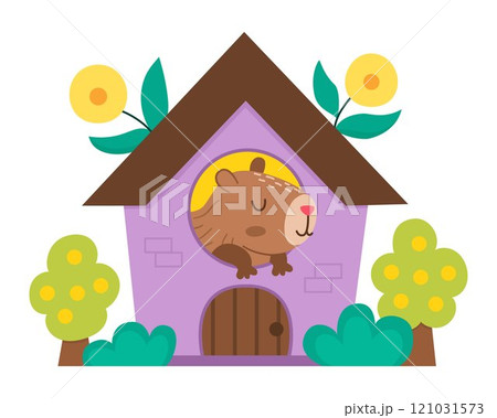 Vector capybara icon. Cute capibara sitting in little house with flowers with closed eyes. Funny happy animal illustration isolated on white background. Comic trendy guinea pig clipart Vector capybara icon. Cute capibara sitting in little house with flowers with closed eyes. Funny happy animal illustration isolated on white background. Comic trendy guinea pig clipart 121031573