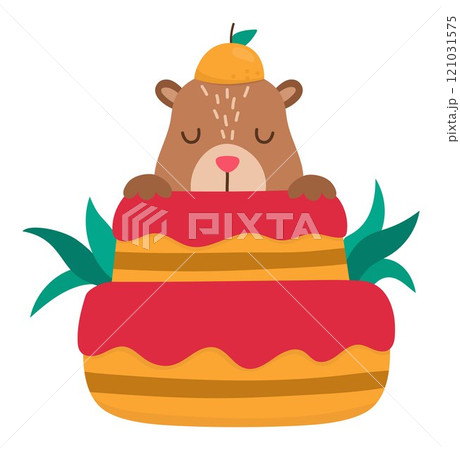 Vector capybara icon. Cute capibara sitting in tangerine cake with closed eyes. Funny happy animal illustration isolated on white background. Comic trendy guinea pig clipart 121031575