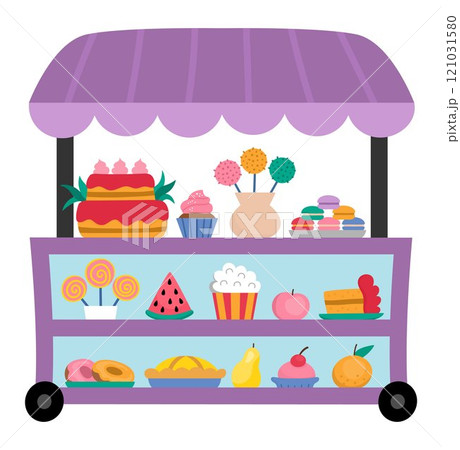 Vector rolling snack cart with wheels. Candy shop icon. Cartoon sweets stand illustration. Pastry or bakery trolley clipart. Mobile vending stall or food trailer truck with cake, doughnut, lollypop 121031580