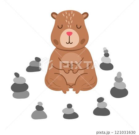 Vector capybara icon. Cute capibara meditating in rock garden with closed eyes. Funny happy animal illustration isolated on white background. Comic trendy guinea pig clipart 121031630