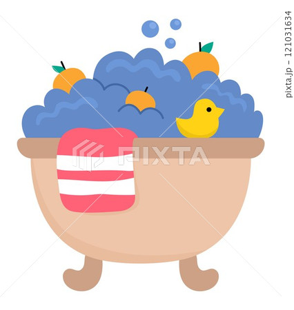 Vector bathtub icon filled with water and foam, with floating tangerines, little yellow duck and towel. Cute bubbling bath illustration isolated on white background. Funny tub clipart 121031634