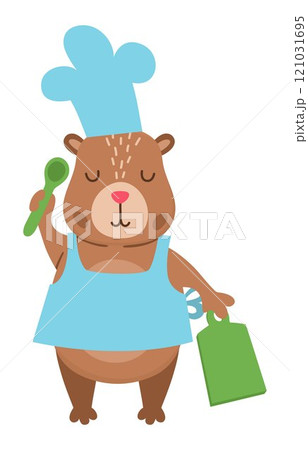 Vector capybara icon. Cute capibara cook in apron and chef hat, holding cutting board and spoon. Funny happy animal illustration isolated on white background 121031695