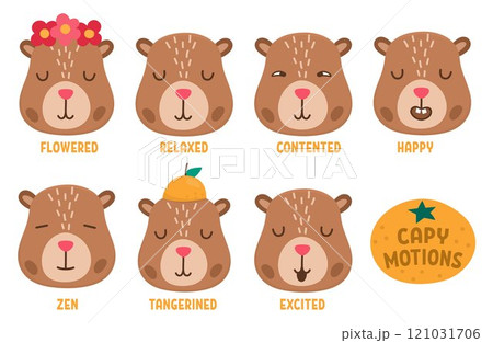 Vector capybara set. Cute capibara heads collection showing different emotions and feelings. Funny guinea pigs relaxed, contented, excited, zen, excited. Psychological stickers pack Vector capybara set. Cute capibara heads collection showing different emotions and feelings. Funny guinea pigs relaxed, contented, excited, zen, excited. Psychological stickers pack 121031706