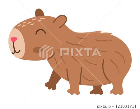 Vector capybara icon. Cute capibara going somewhere with closed eyes. Funny happy animal illustration isolated on white background. Comic trendy guinea pig clipart 121031711