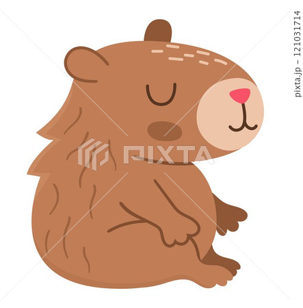 Vector capybara icon. Cute capibara sitting with closed eyes. Funny happy animal illustration isolated on white background. Comic trendy guinea pig clipart 121031714