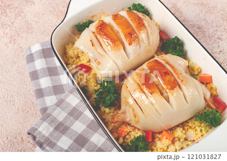 stuffed squid carcasses, baked in the oven, fried, with couscous, top view, homemade, no people, stuffed squid carcasses, baked in the oven, fried, with couscous, top view, homemade, no people, 121031827