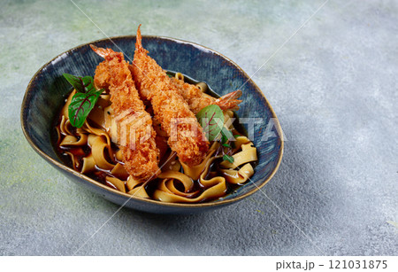 Udon noodles with shrimp in tempura, Japanese cuisine, homemade, no people, 121031875