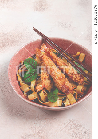 Udon noodles with shrimp in tempura, Japanese cuisine, homemade, no people, 121031876