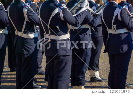 Italian military personnel standing in formation during a ceremonial event Italian military personnel standing in formation during a ceremonial event 121031976