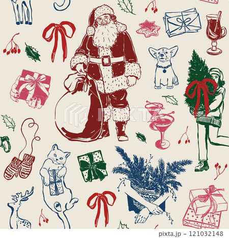 Vector Christmas seamless pattern with Santa Claus, animals and Christmas tree. Hand-drawn vintage compositions isolated on beige background. Illustration for design, print, fabric or background. Vector Christmas seamless pattern with Santa Claus, animals and Christmas tree. Hand-drawn vintage compositions isolated on beige background. Illustration for design, print, fabric or background. 121032148