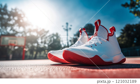 White and red basketball shoes on the ground, with an outdoor basketball hoop in the background. White and red basketball shoes on the ground, with an outdoor basketball hoop in the background. 121032189