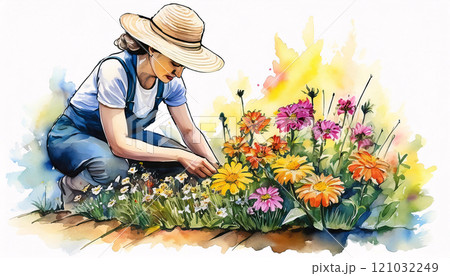 A woman wearing a wide-brimmed hat and overalls tends to a vibrant garden of colorful flowers 121032249