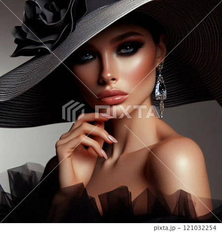 A person wearing a large black hat adorned with flowers and feathers, elegant black earrings, and a black lace dress with intricate floral patterns 121032254