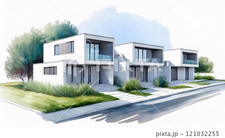 A row of modern, white houses with pitched roofs, balconies, and lush greenery in front 121032255