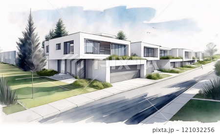 A row of modern houses with flat roofs, green roofs, and large windows, set in a lush green landscape 121032256
