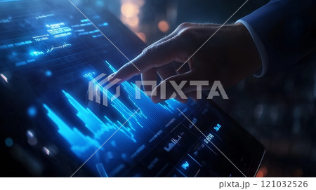Businessman touching an upward-pointing arrow with a blue light glowing effect. 121032526