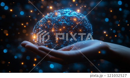 A man touching the brain working of Artificial Intelligence (AI). 121032527