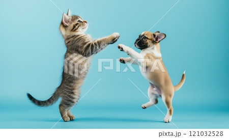 A cat jumping playing with a puppy dog, on a light blue background. 121032528