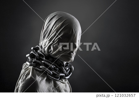Portrait of a scary ghost with chains over dark misty background 121032657
